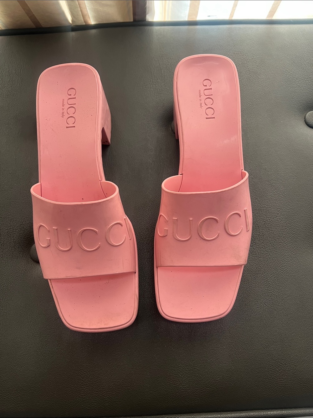 Gucci Pink Embossed Slide Mules